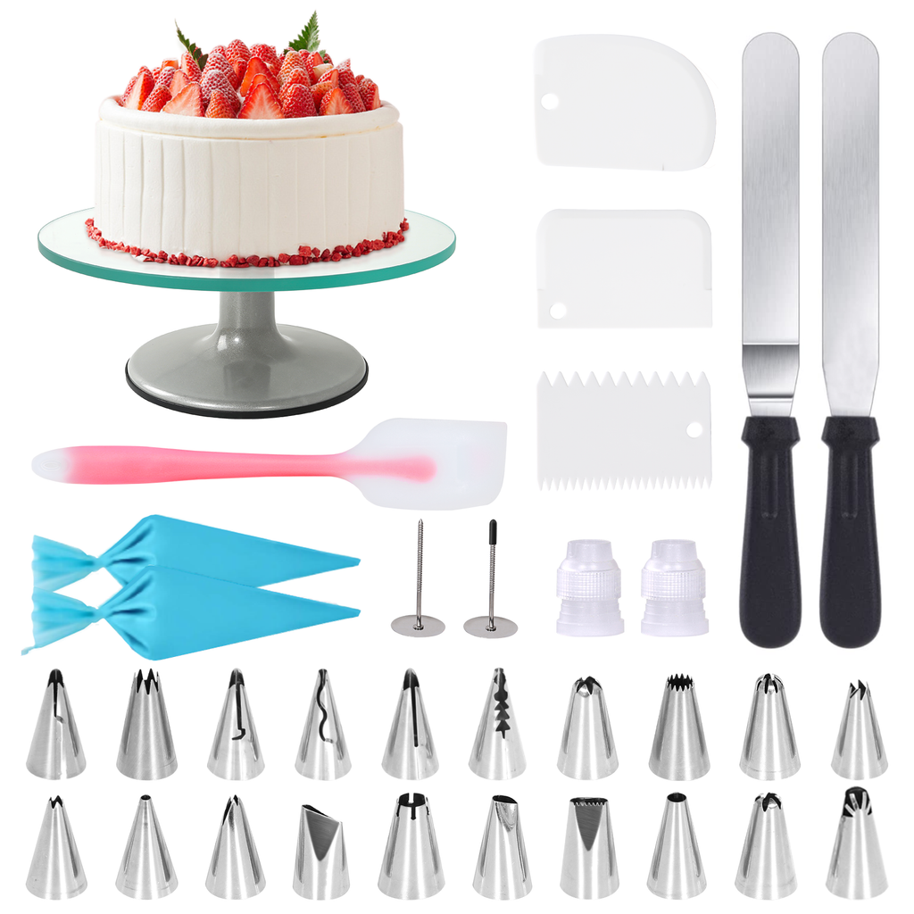 33PC Baking Decorating Supplies Tools Kit with 12 in Glass Cake Turntable Stand